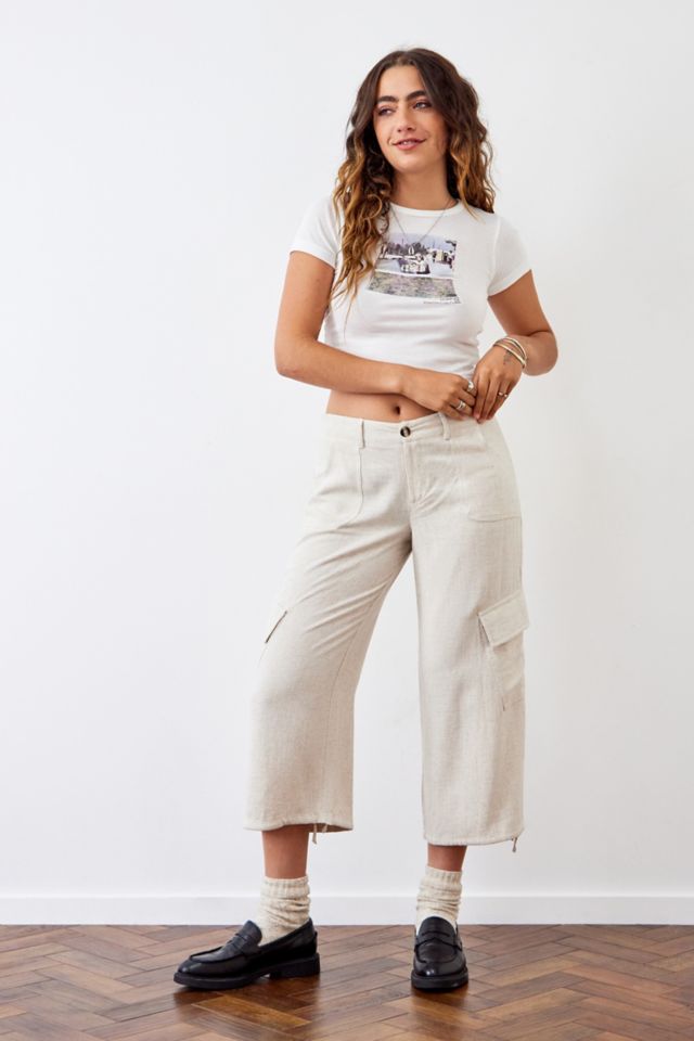 Archive At UO Natural Cropped Linen Cargo Pants | Urban Outfitters UK