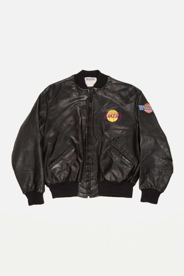 Urban Renewal One Of A Kind Black Leather Lakers Bomber Jacket