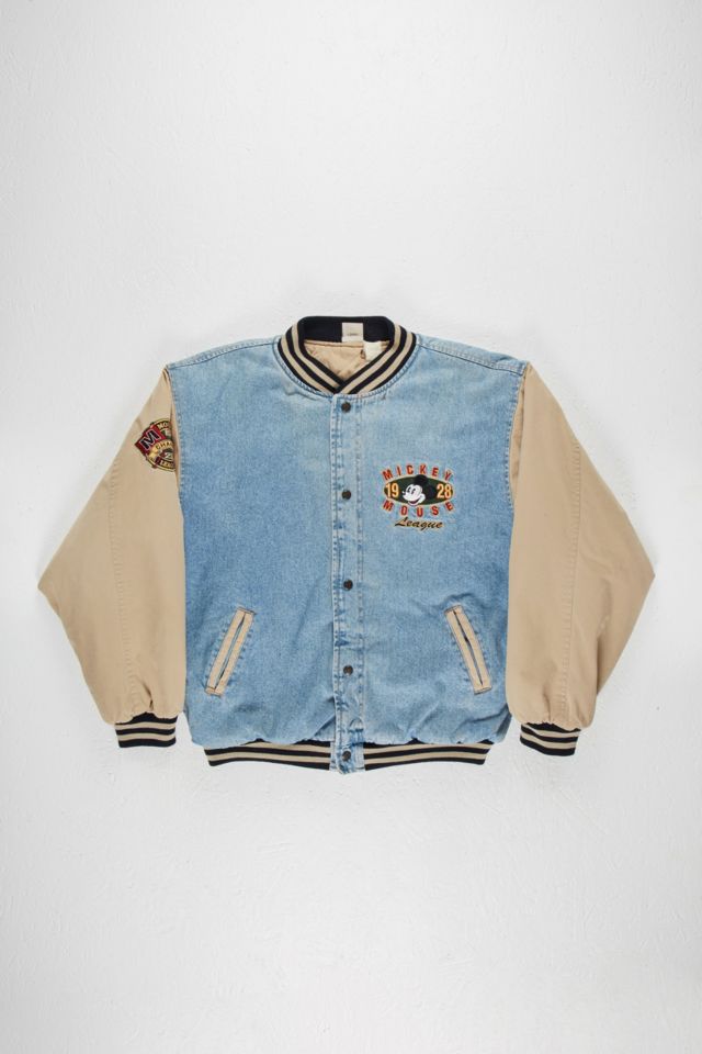 Urban Renewal One Of A Kind Mickey Mouse Embroidered Denim Varsity Jacket