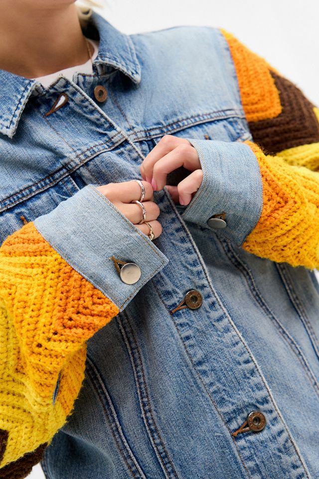 Urban Renewal Vintage Beyond Retro Crochet Sleeve Denim Jacket #4