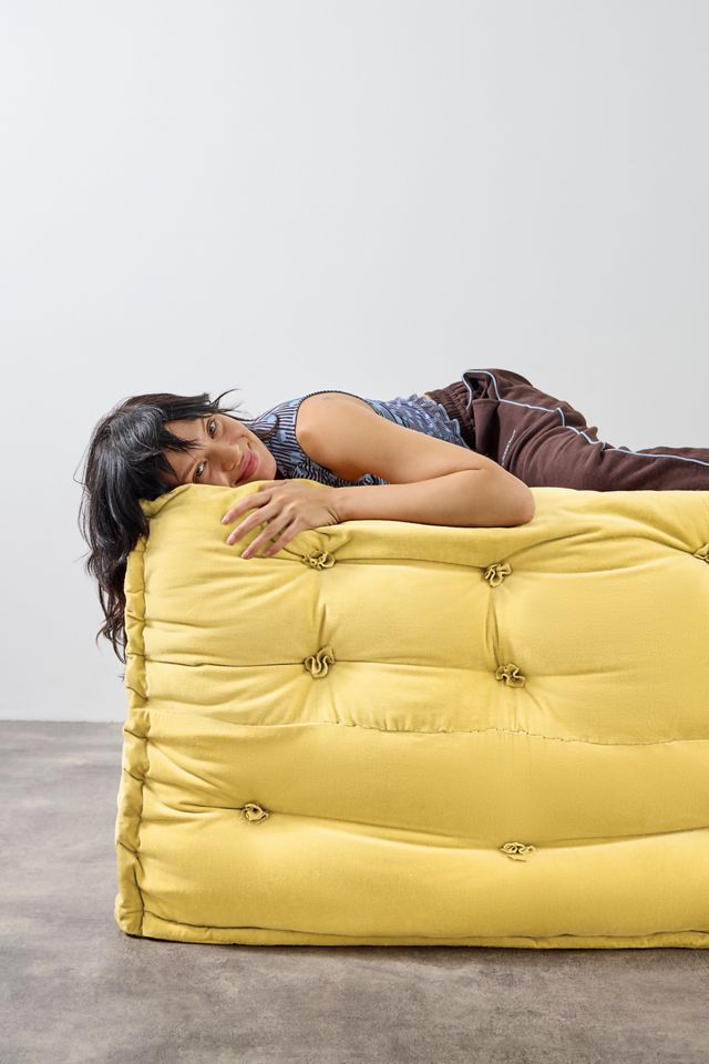 Reema Butter Yellow Two-Seater Velvet Floor Cushion #4