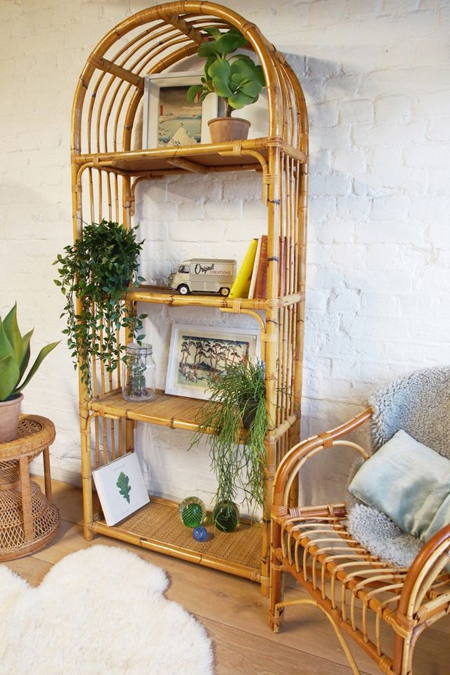Urban Renewal Vintage Cane & Rattan Curved Top Open Bookshelf #1