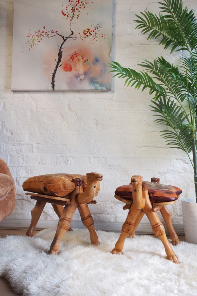 Urban Renewal Vintage 1960s Leather Saddle Hand Carved Camel Stool #2