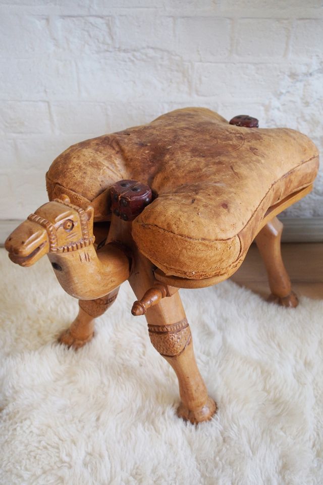 Urban Renewal Vintage 1960s Leather Saddle Hand Carved Camel Stool #3