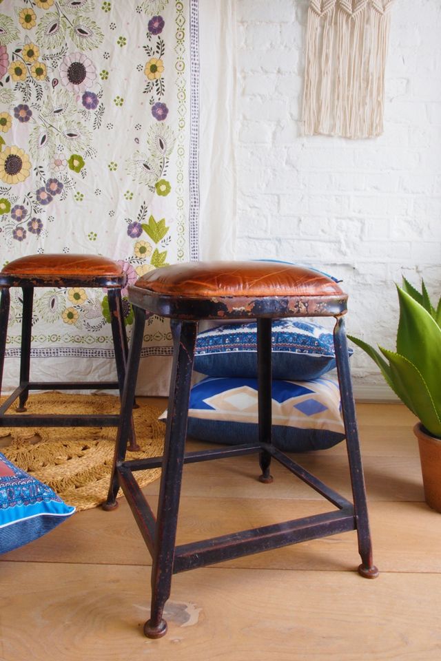 Urban Renewal Vintage Leather Top Stool Set Of 2 Urban Outfitters UK
