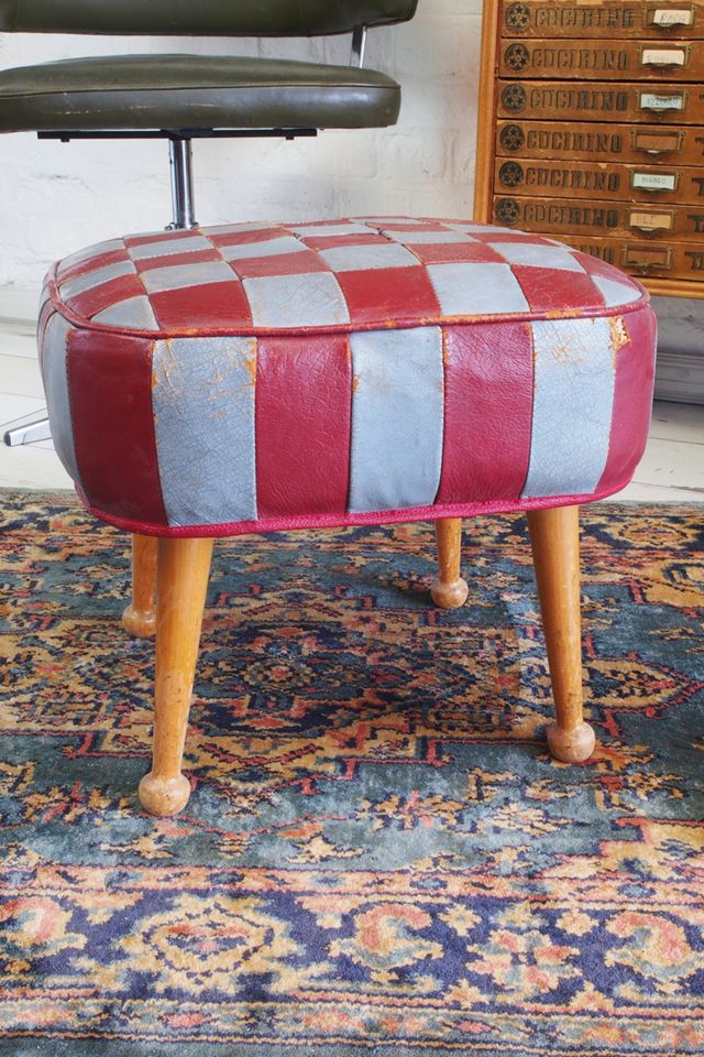Urban Renewal Vintage 1960s Patchwork Leather Footstool #2