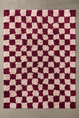 Roter Zotteliger Schachbrett-Teppich 5x7