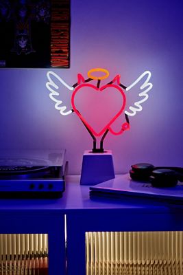 Lampe néon en verre sur base en céramique Ange et Diable