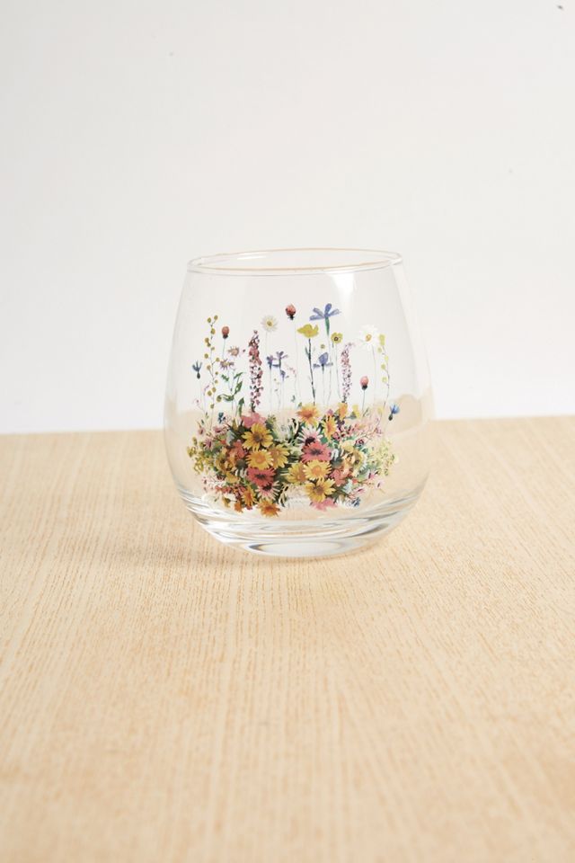 Pressed Flowers Stemless Wine Glass
