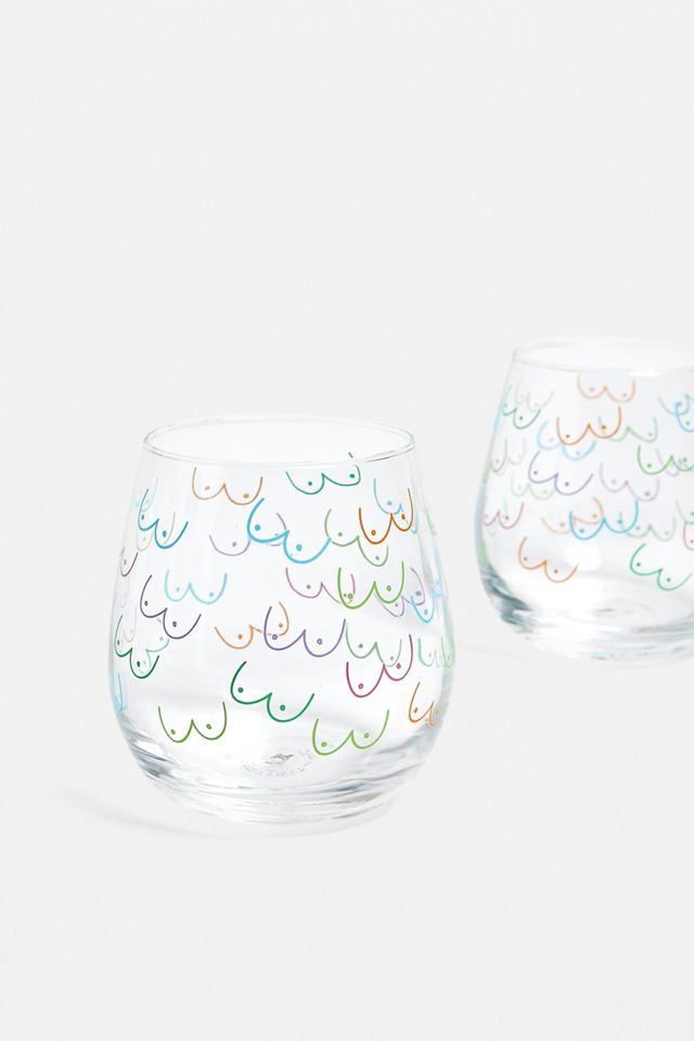 Multi-Colour Boob Print Stemless Wine Glass - Set of 2 | Urban Outfitters UK