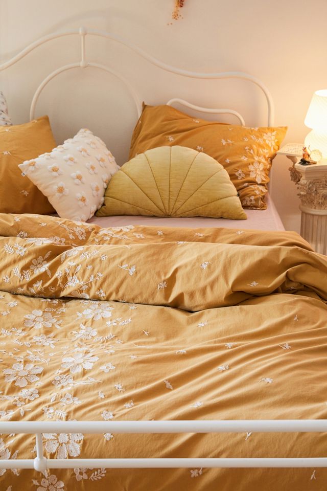 Samantha Honey Embroidered Floral Duvet Cover With Reusable Fabric Bag