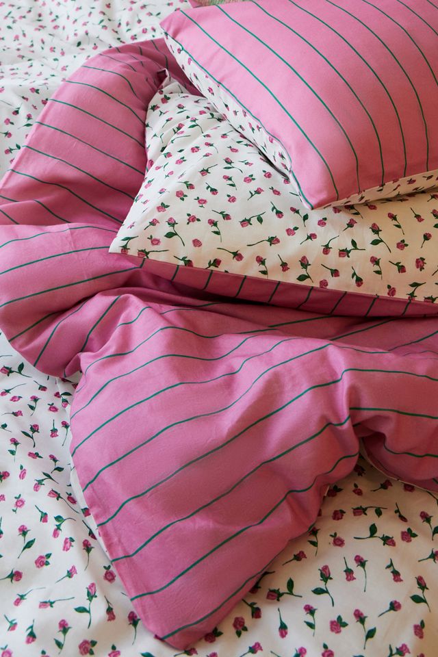 Parure de couette réversible à rayures rose et verte #1