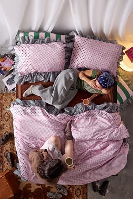 Ensemble de couette à volants à rayures à pois