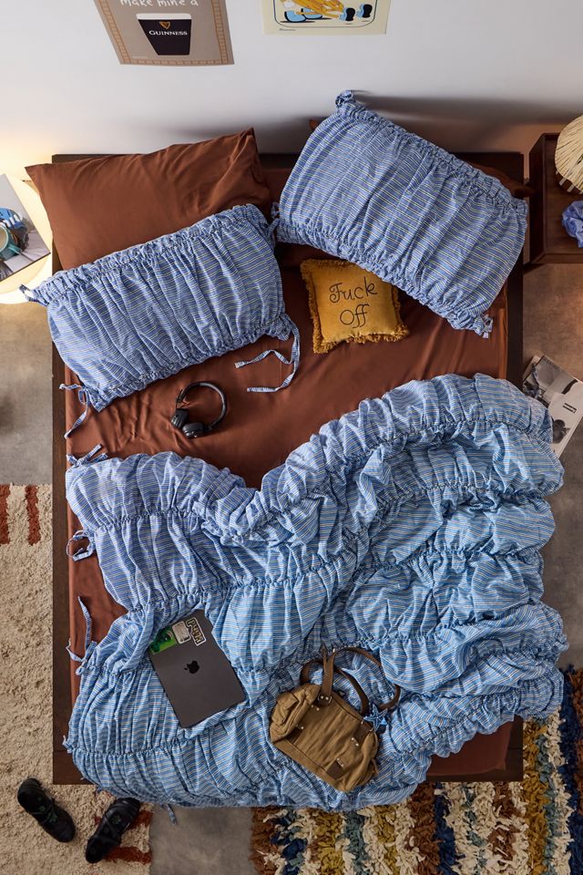 Ensemble de housse de couette froncée à rayures chemise bleue #1