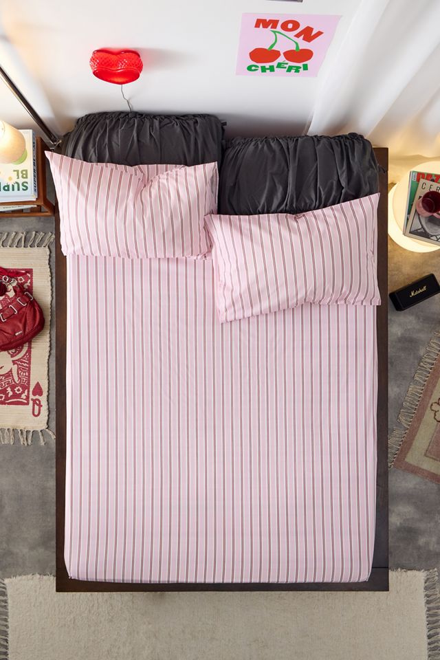 Juego de Sábana Ajustable y Funda de Almohada de Rayas Rosa y Roja #3