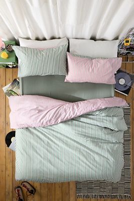 Set Copripiumino Reversibile a Righe Rosa e Verde