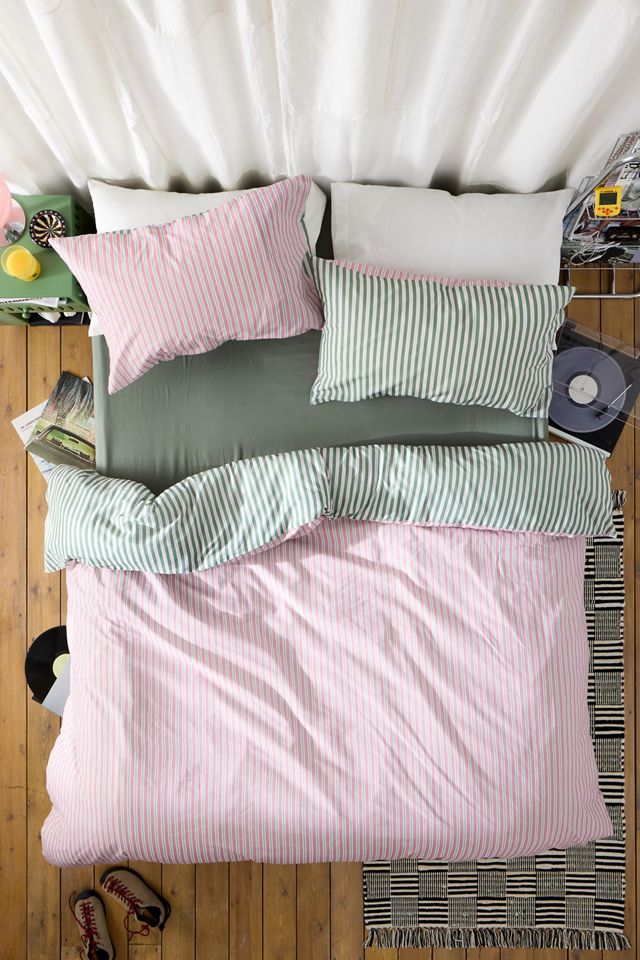Set Copripiumino Reversibile a Righe Rosa e Verde #2
