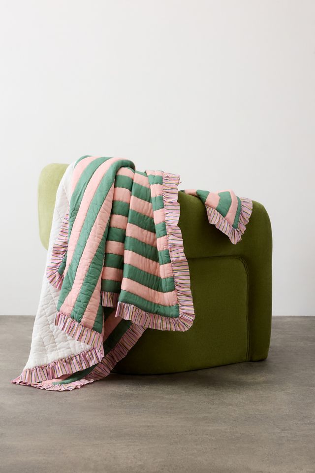 Pink & Green Stripe Quilted Throw #1