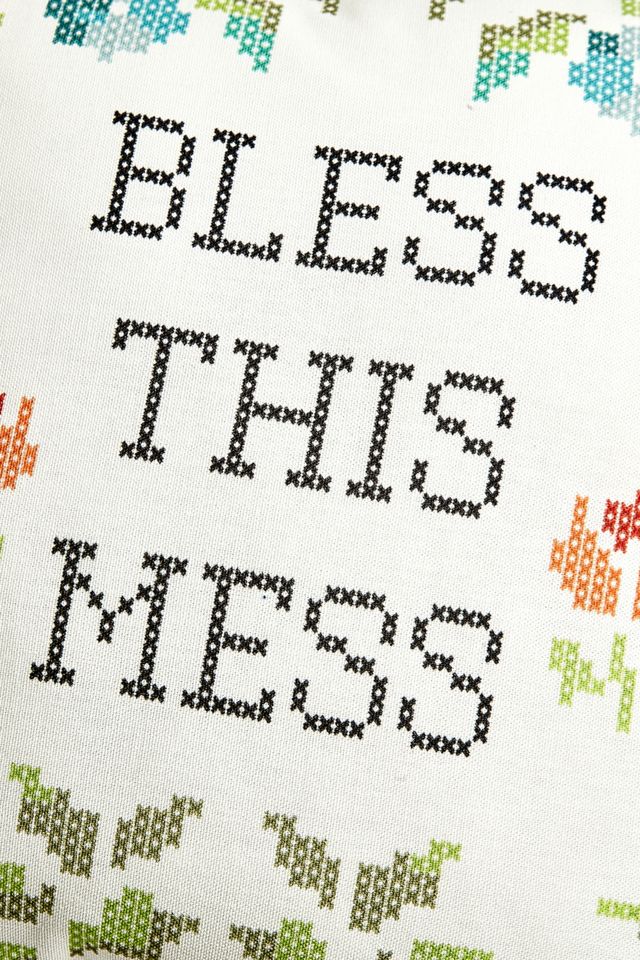 Bless This Mess White Cross-Stitch Cushion #1