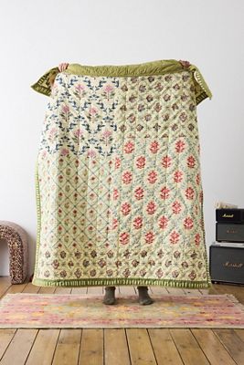 Coperta Trapuntata con Toppe Floreali Verdi