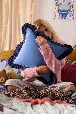 Blue Plain Ruffle Cushion