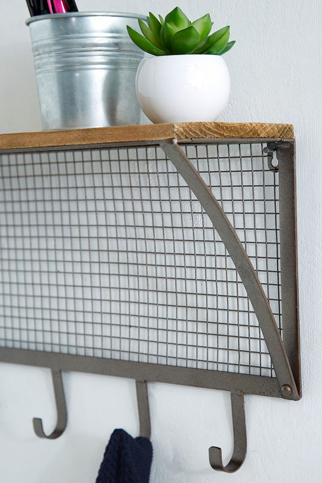 Metal + Wood Shelf with Hooks #1