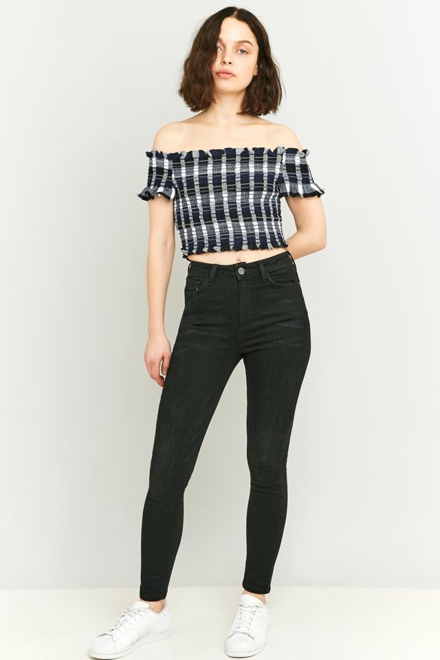 Pins & Needles Shirred Cropped Blue Plaid Bardot Top #1