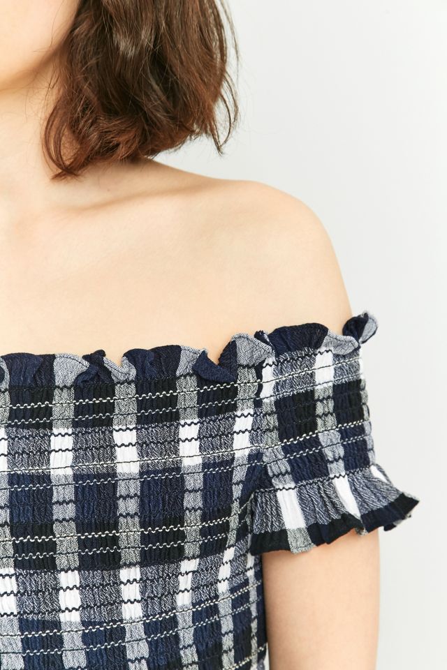 Pins & Needles Shirred Cropped Blue Plaid Bardot Top #2