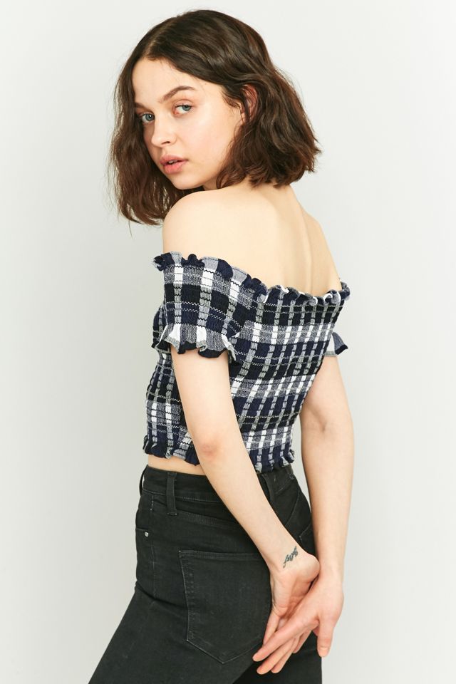 Pins & Needles Shirred Cropped Blue Plaid Bardot Top #3