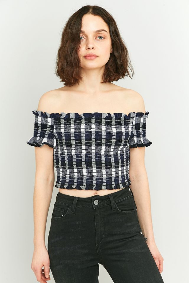 Pins & Needles Shirred Cropped Blue Plaid Bardot Top #4