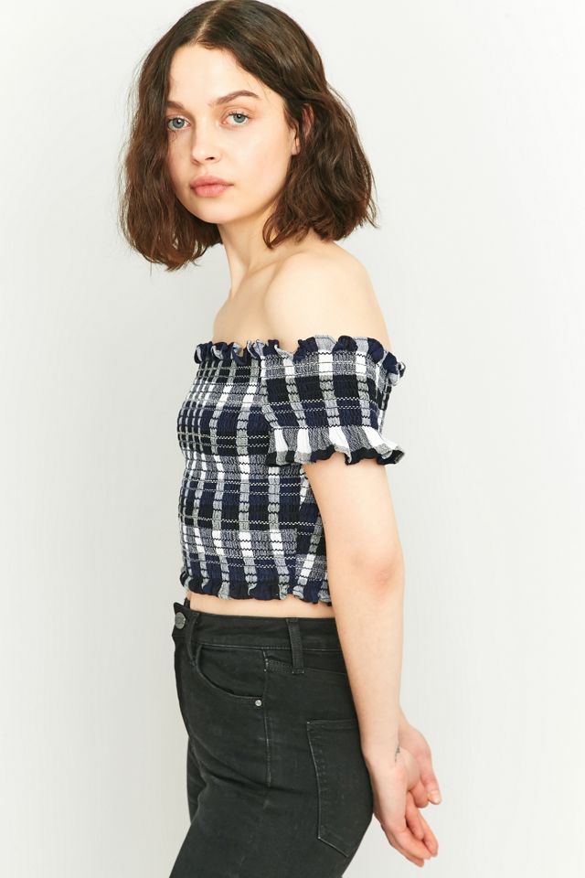 Pins & Needles Shirred Cropped Blue Plaid Bardot Top #5