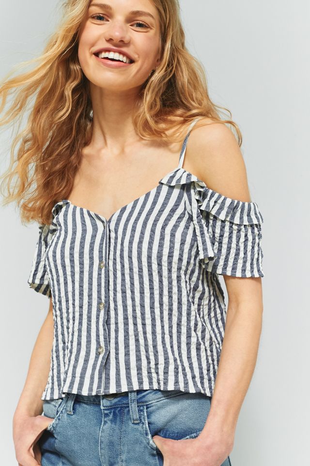 Urban Outfitters Striped Ruffle Cold Shoulder Top #2