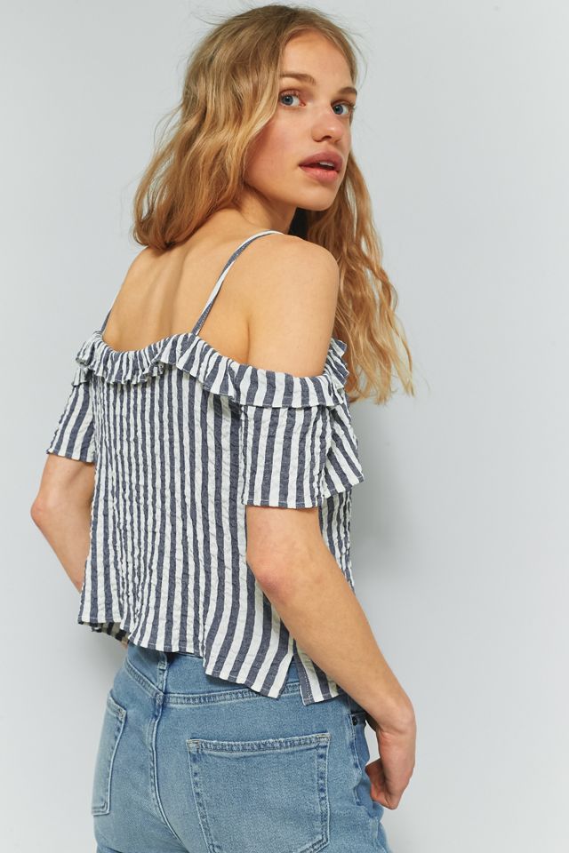 Urban Outfitters Striped Ruffle Cold Shoulder Top #3