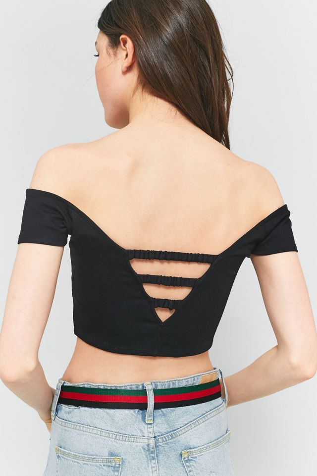 Light Before Dark Bardot Off-The-Shoulder Strappy Back Crop Top #3