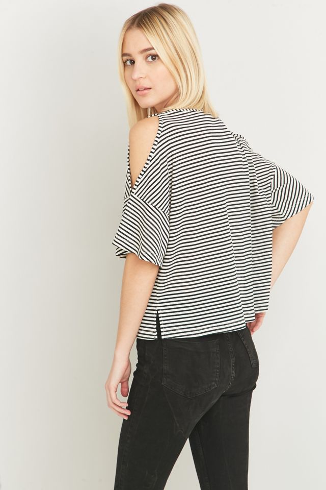 Urban Outfitters Black and White Striped Cold Shoulder Top #1