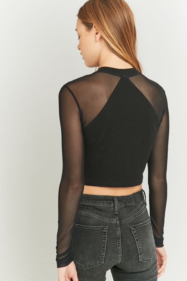 Sparkle & Fade Long Sleeve Black Mesh Crop Top