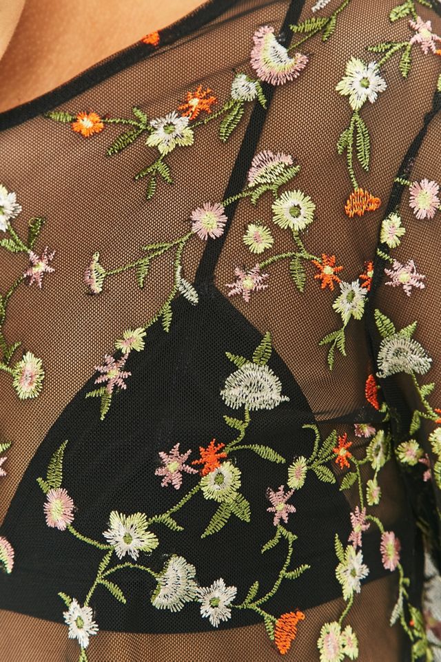 Pins & Needles Floral Embroidered Black Mesh Cropped Top #1