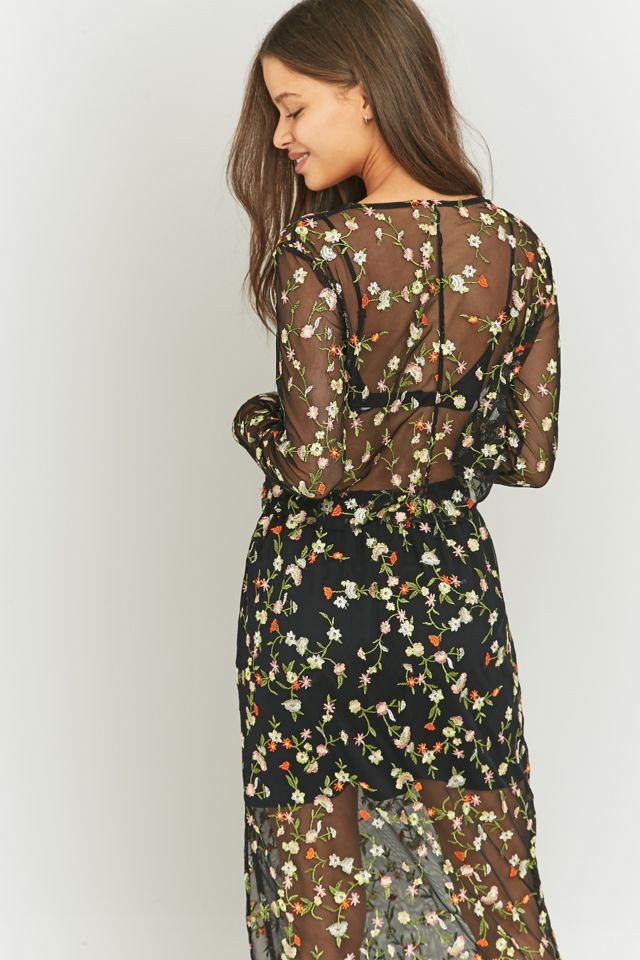 Pins & Needles Floral Embroidered Black Mesh Cropped Top #2