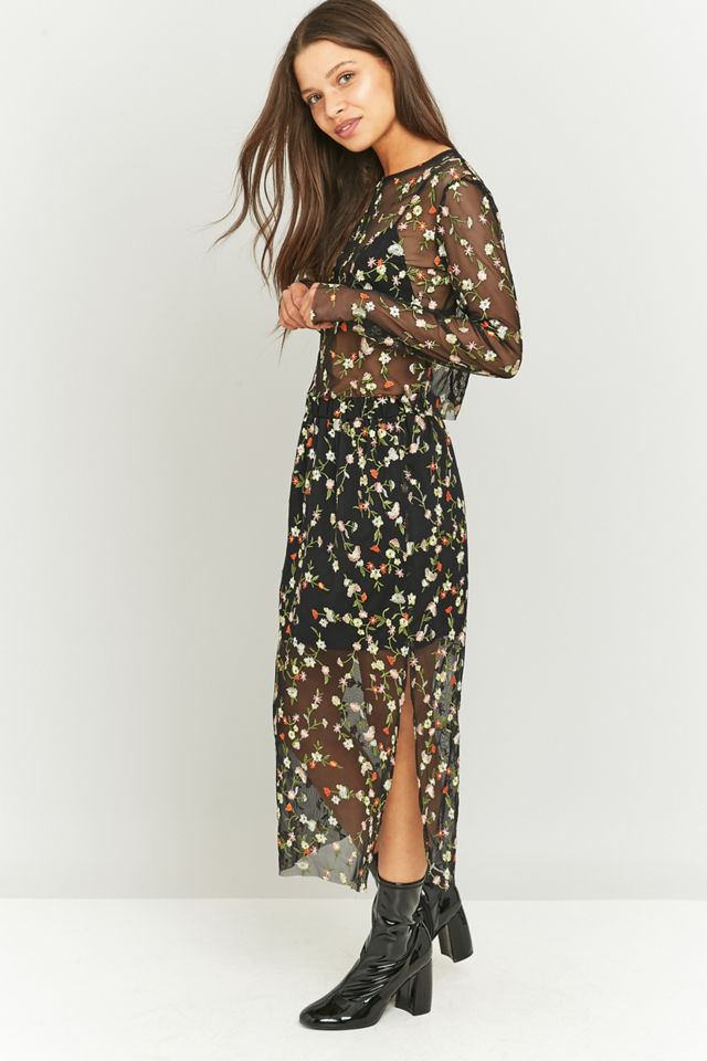 Pins & Needles Floral Embroidered Black Mesh Cropped Top #3