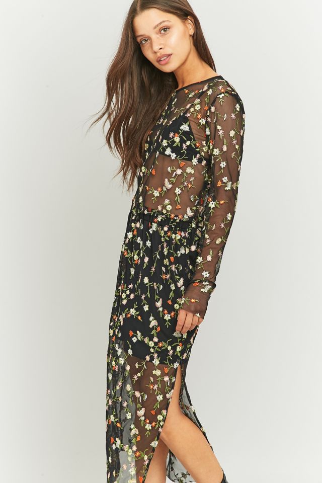 Pins & Needles Floral Embroidered Black Mesh Cropped Top #4