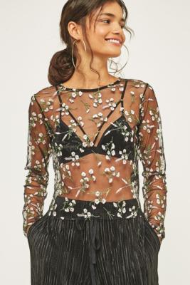 Black mesh top 2024 with embroidered flowers