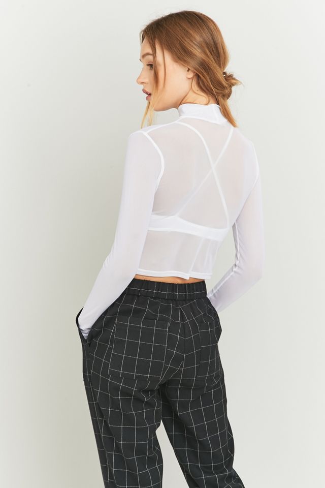 Grey Sheer Mesh Long Sleeve Turtleneck Top for Women - Marilena
