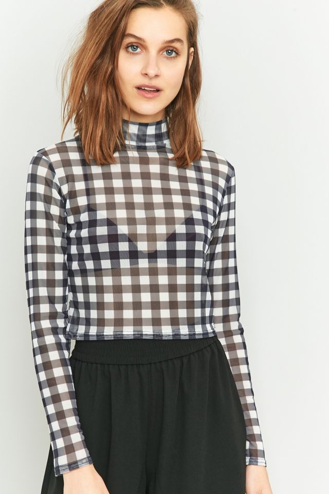 Urban Outfitters – Kariertes Netzstoff-Rollkragenoberteil in Schwarz-Weiß #2