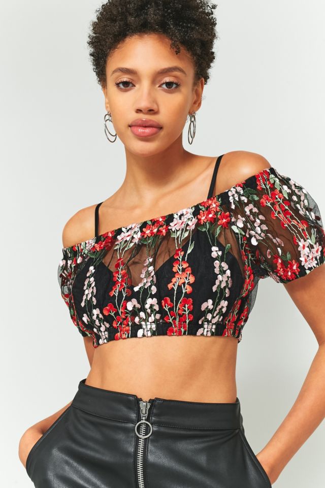 Embroidered mesh crop top deals