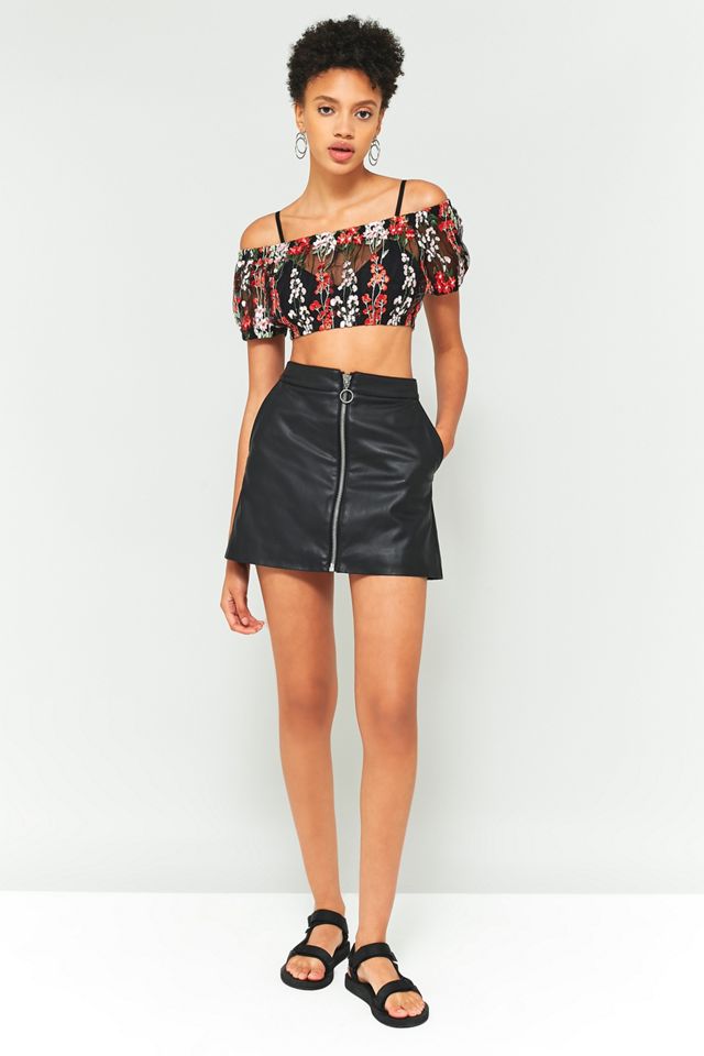 Pins & Needles Black and Red Floral Embroidered Mesh Off-The-Shoulder Crop Top #1