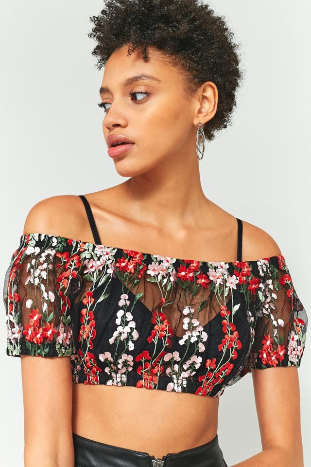Pins & Needles Black and Red Floral Embroidered Mesh Off-The-Shoulder Crop Top #2
