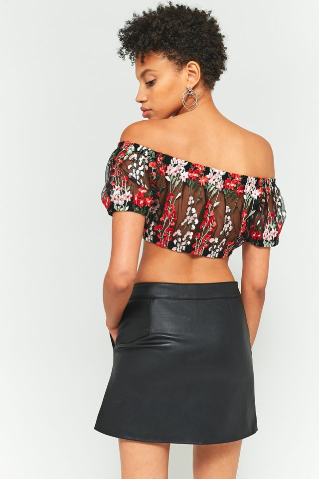 Pins & Needles Black and Red Floral Embroidered Mesh Off-The-Shoulder Crop Top #3