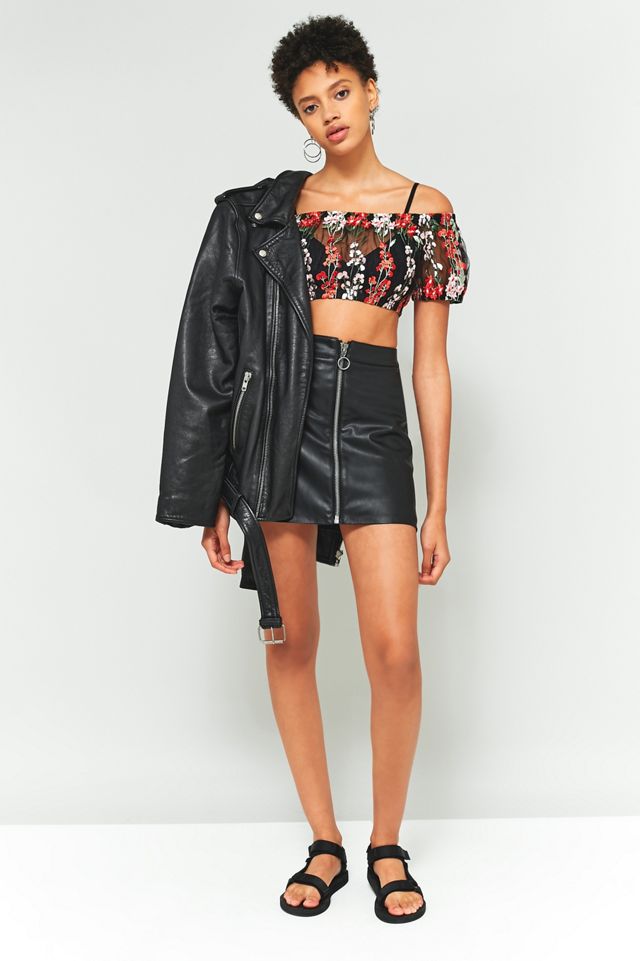 Pins & Needles Black and Red Floral Embroidered Mesh Off-The-Shoulder Crop Top #4