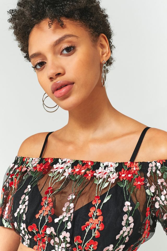 Pins & Needles Black and Red Floral Embroidered Mesh Off-The-Shoulder Crop Top #5