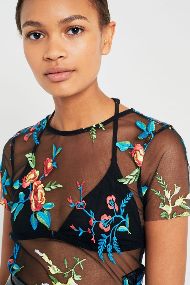 Light Before Dark Neon Floral Embroidery Mesh T-Shirt #2